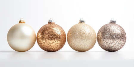 White and gold Glass Christmas tree balls, mock-up of Christmas tree toys isolated on a white backgroundの素材
