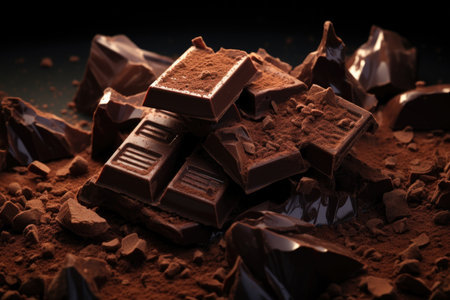 A bar of dark chocolate with cocoa powder falls on the table in close-upの素材