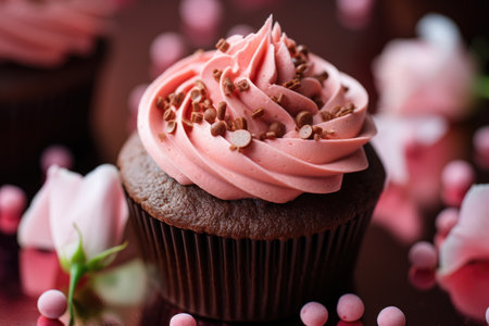 Chocolate cupcake with pink cream and flowersの素材