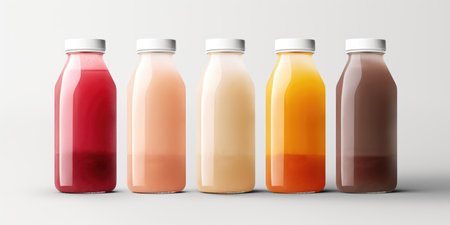 Glass bottles with juice and smoothies of different colors isolated on a white backgroundの素材