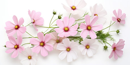 Cosmea flowers on a white background, floral bannerの素材