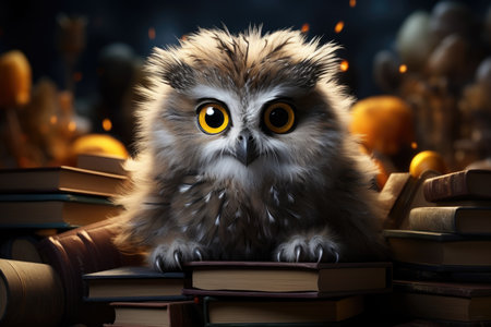 An owl with big eyes sits in a mountain of booksの素材