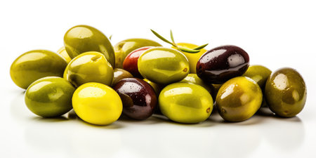 Juicy green and black olives isolated on a white backgroundの素材