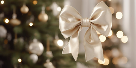 A white bow hanging on a branch of a Christmas tree indoors against a background of bokeh lightsの素材