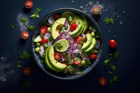 Healthy salad with avocado, cherry tomatoes, cucumber, red onion and lettuce in bowl over dark blue backgroundの素材
