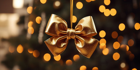 A gold-colored bow hanging on a branch of a Christmas tree indoors against the background of bokeh lightsの素材