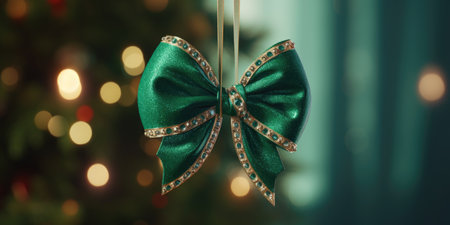 An emerald-colored bow hanging on a branch of a Christmas tree indoors against a background of bokeh lightsの素材