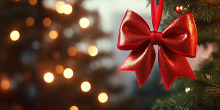A red bow hanging on a branch of a Christmas tree indoors against a background of bokeh lightsの素材