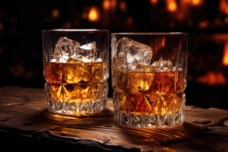There are whiskey glasses with ice on the bar, a partyの素材