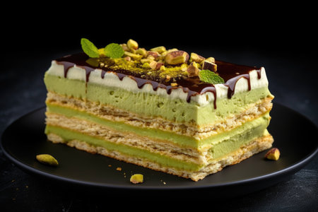 Part of the sponge cake matcha with pistachio and vanilla layers decorated with chocolate icingの素材