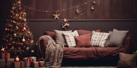 Sofa with pillows and a brown plaid with Christmas trees, living room interiorの素材