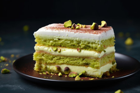 Part of the matcha sponge cake with pistachio and vanilla layers, pieces of pistachio nutsの素材