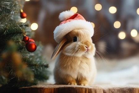 A rabbit in a Christmas hat is sitting in the snow under the Christmas treeの素材