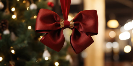 A burgundy bow hanging on a branch of a Christmas tree indoors against a background of bokeh lightsの素材