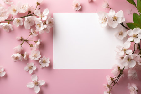 A white postcard with a flower branch lies on a pink background, a place for textの素材