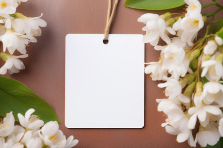 A mock-up of a white card, tags on a table with spring flowersの素材