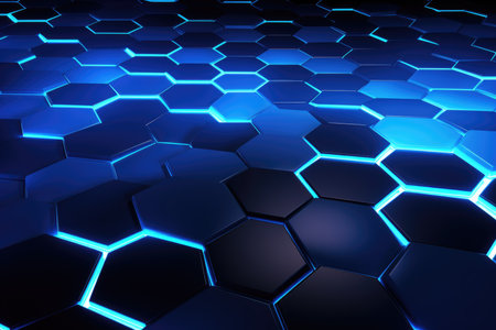 Abstract background with black and blue neon hexagons. Futuristic technological concept, blue hexagons on a black backgroundの素材