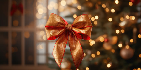 Pink Christmas bow on the Christmas tree close-up, bannerの素材