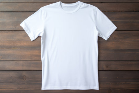 Mock-up of a white T-shirt on a wooden backgroundの素材