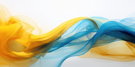 Flowing blue and orange transparent silk on a white background, banner background imageの素材