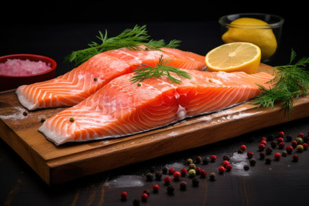 Two fresh red fish steaks on a chopping boardの素材