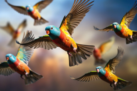 A group of colorful parrots are flyingの素材