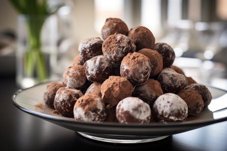 Delicious sweet chocolate truffles, round chocolates with cocoaの素材