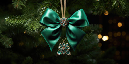An emerald-colored bow hanging on a branch of a Christmas tree indoors against a background of bokeh lightsの素材