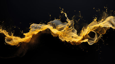 Banner with abstract background explosion of gold ink, yellow paint in water on a black backgroundの素材