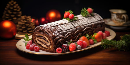The classic Yuletide log is a festive roll. Christmas cake on a plate decorated with berriesの素材