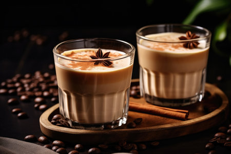 A glass of Dalgona coffee on the kitchen table with cinnamon and coffee beansの素材