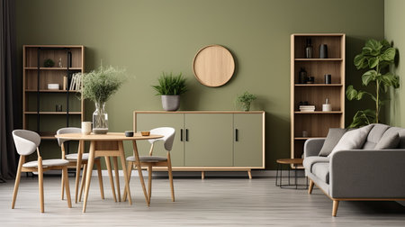The interior of the living room with a dining table with olive-colored wallsの素材