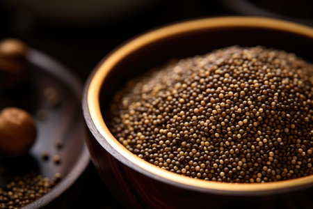 Quinoa in bowl on wooden kitchen table. Healthy and diet superfood productの素材