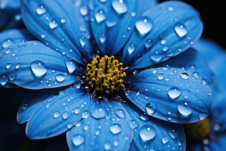 Blue flower with dew drops on petals close-up, background imageの素材