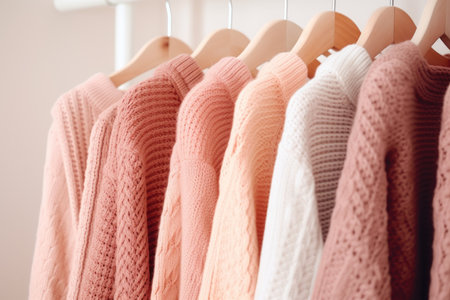 Cozy comfortable pink fashionable wardrobe, knitted cardigans hanging on a hanger on a white backgroundの素材
