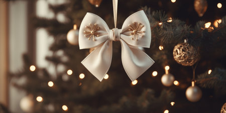 A white bow hanging on a branch of a Christmas tree indoors against a background of bokeh lightsの素材