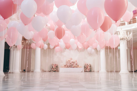 Banquet hall for events decorated with pink and white balloons on the ceilingの素材