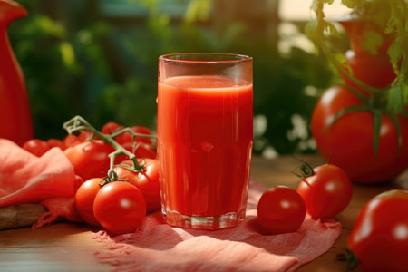 A glass of tomato juice is on the table, branches with cherry tomatoesの素材