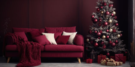 Sofa with pillows and a burgundy plaid with Christmas trees, living room interiorの素材