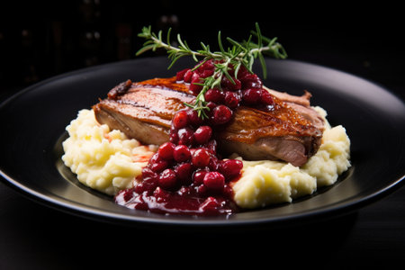 Baked duck leg with mashed potatoes and cranberry sauce with rosemaryの素材