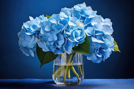 Blue hydrangea flowers on a blue background in a vaseの素材