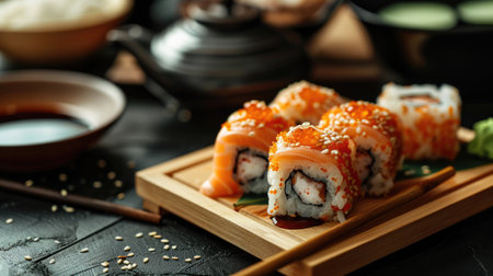 Sushi and fried garlic shrimps, prawn on a stone plateの素材