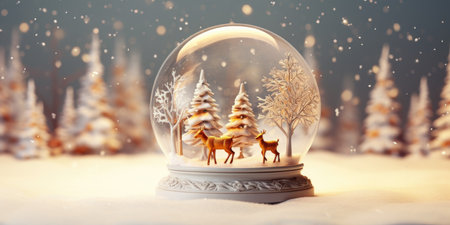 Winter glass snow globe for Christmas with reindeer inside, snowfall. A magic ball with shimmering snowの素材