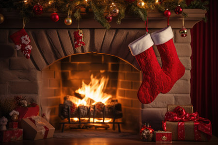 Red Santa Claus hat and sock hanging under christmas tree in the house, Christmas stockingsの素材