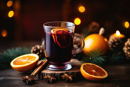 Close-up of Christmas red wine with mulled wine, decorated with spices and citrus fruitsの素材
