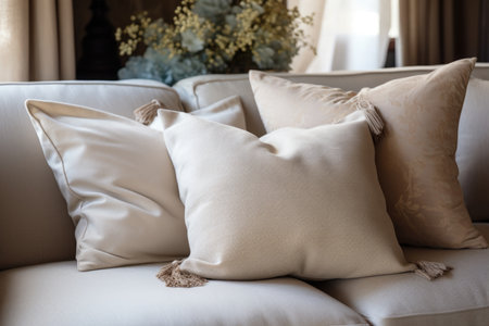 Close-up of a fabric sofa with white and beige pillows. Interior design of a modern living roomの素材
