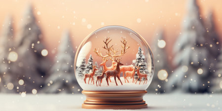 Winter glass snow globe for Christmas with reindeer inside, snowfall. A magic ball with shimmering snowの素材