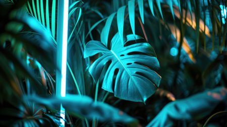 Green and Blue Neon Light with Tropical Leavesの素材