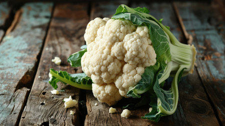 A cauliflower head lies on an old wooden table, a copy spaceの素材