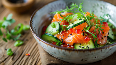 Hawaiian dish with salmon, avocado and cucumber, pokebowlの素材
